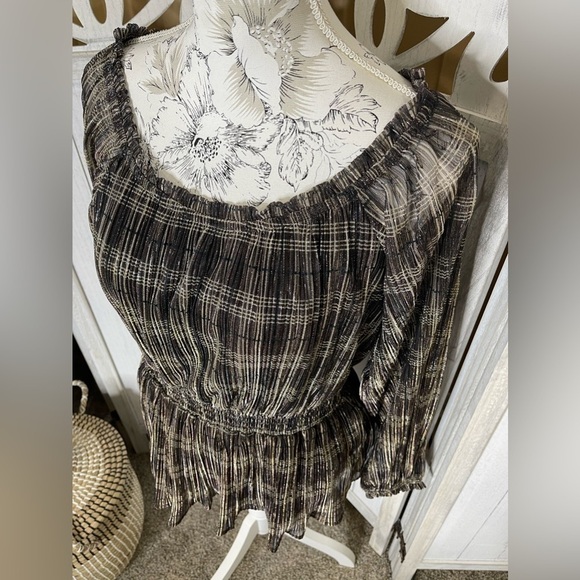 Knox Rose Top Womens Medium Striped Metallic Weave Peplum Balloon Sleeve Boho - Picture 2 of 3